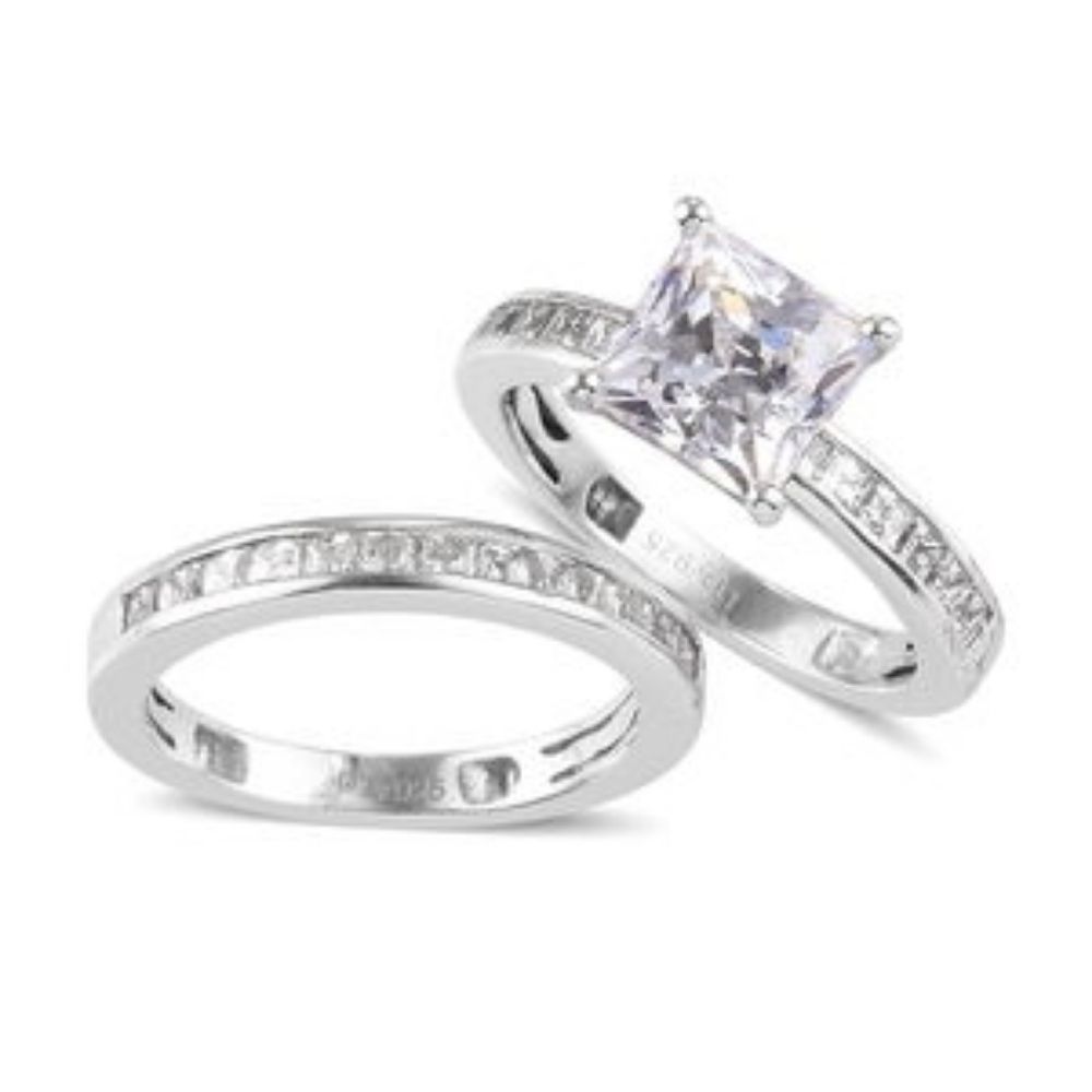 Platinum Over Sterling Silver Set of 2 Ring Swarovski Engagement Anniversary